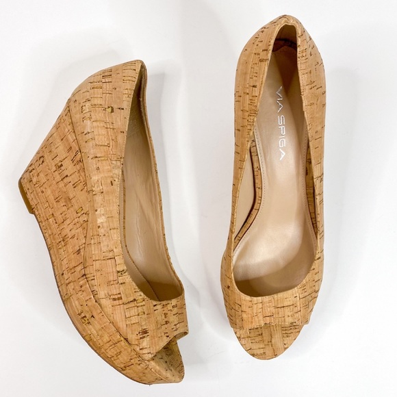 Via Spiga Shoes - Via Spiga All Cork Platform Wedge Peep Toe, Tan, 10M